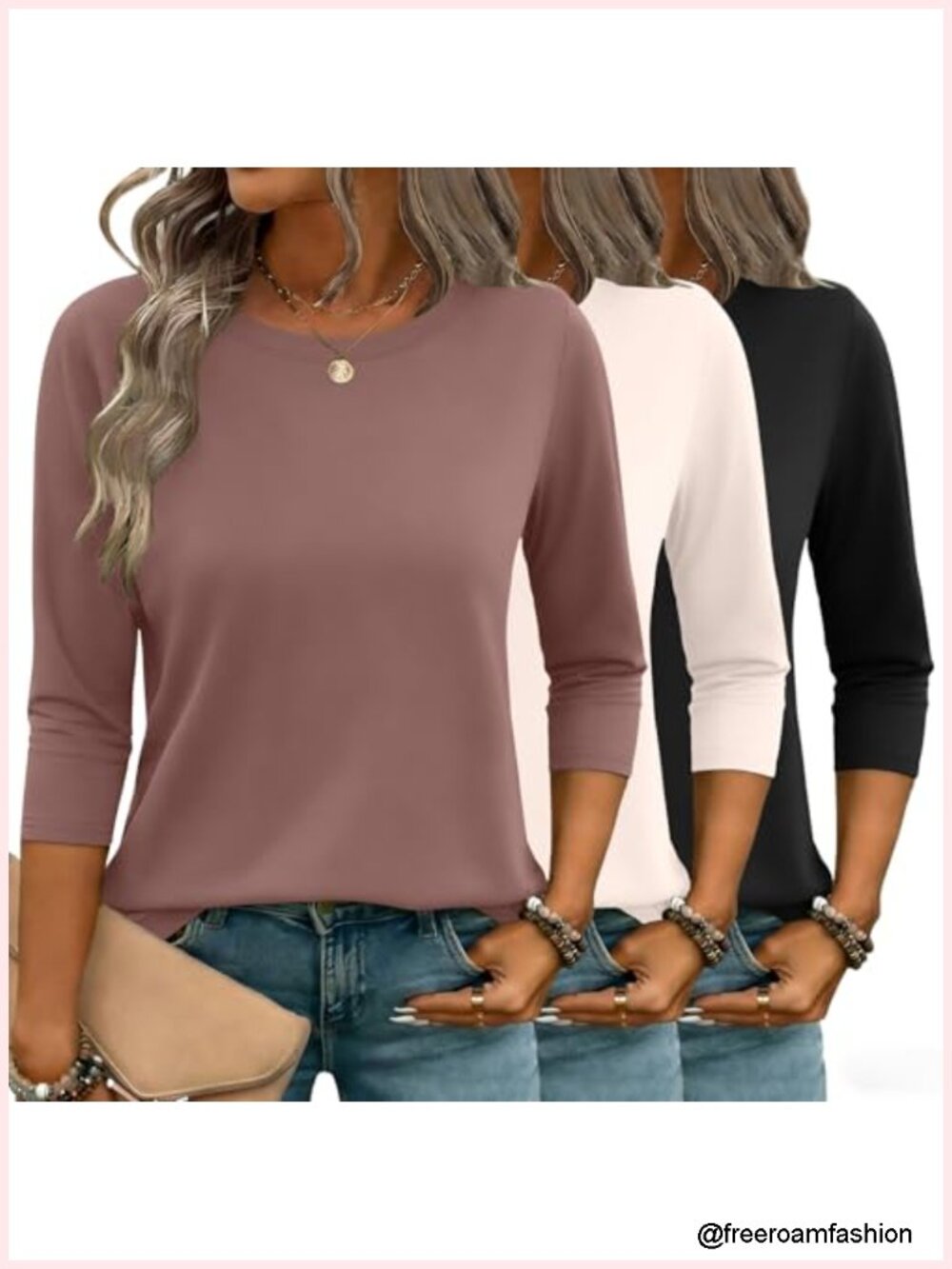 3/4 Sleeve Tunic Tops 3 Pack Crew Neck Blouses for Women Basic Tees Summer Fall - Picture 1 of 6